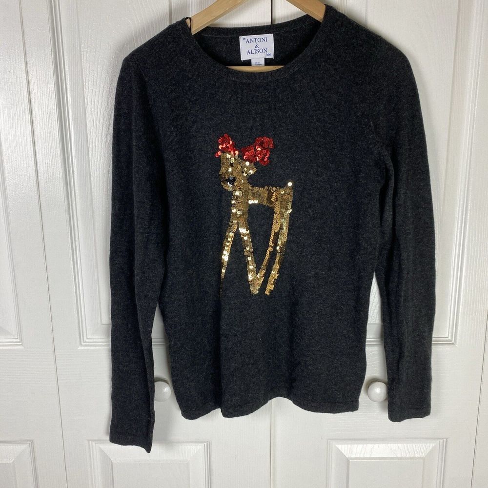 Antoni & Alison M Sweater Pullover Wool Cashmere Reindeer Sequin Gray Christmas